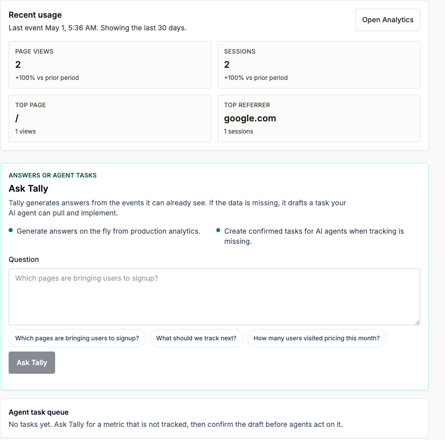 Tally dashboard showing recent usage, Ask Tally, and the agent task queue